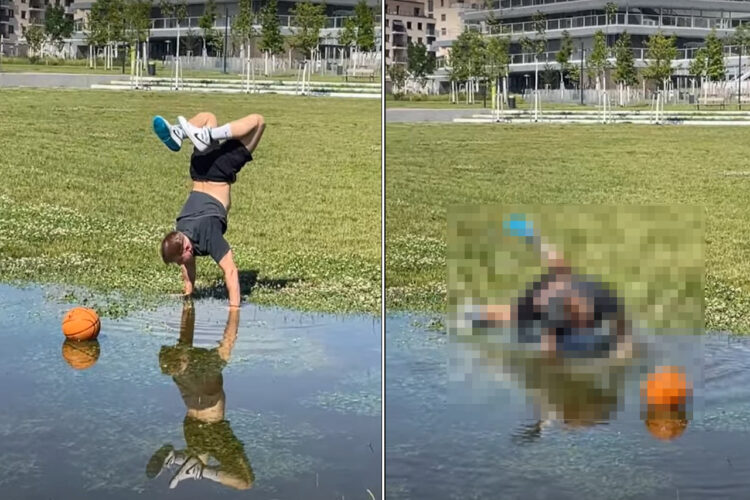 大きな水たまりに落ちてしまったバスケットボール。靴を濡らしたくない男性は逆立ちをして向かいますが・・、無事回収できるのでしょうか？！
