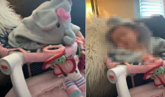 ベビーチェアに置かれたゾウのぬいぐるみかと思ったら・・。おネムになっている赤ちゃんでした！【アメリカ・動画】