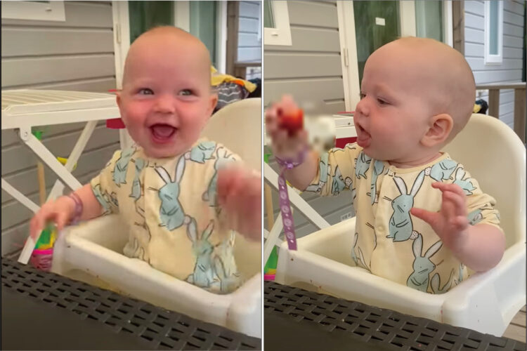 イチゴが大好きな女の子の赤ちゃん。ひさしぶりにイチゴが出てきて大喜び！思わず笑顔と歓喜の声も出ちゃいます！！【海外・動画】