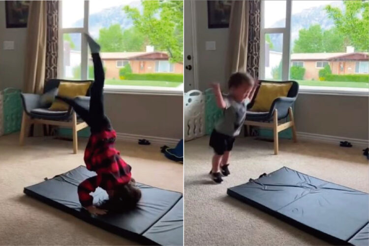 逆立ちを成功させたお姉ちゃん。それを見ていた弟くんが真似をしようと挑戦してみますが・・、上手にできるのでしょうか？【海外・動画】