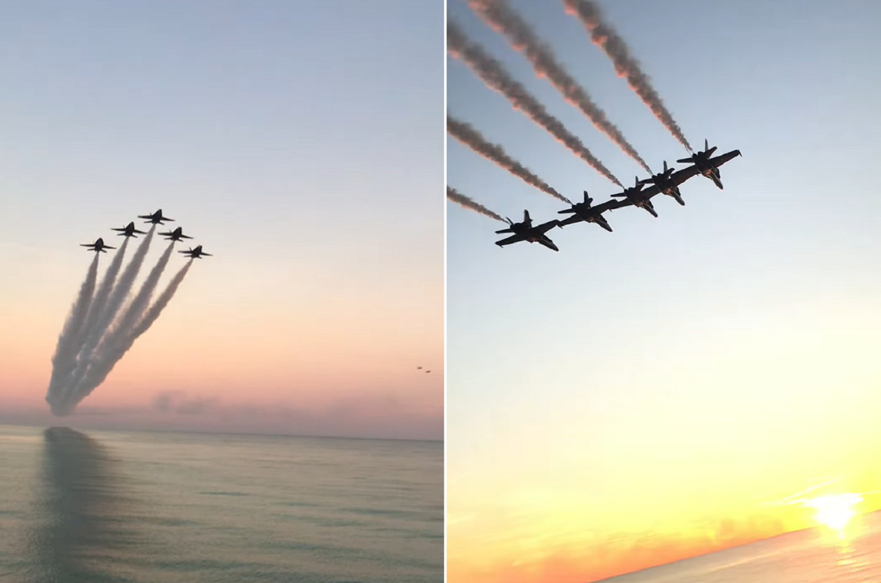 フロリダのペンサコーラ・ビーチの上空を舞うブルーエンジェルス。その一糸乱れぬ隊列は映画のワンシーンを見ているよう!!【アメリカ・動画】