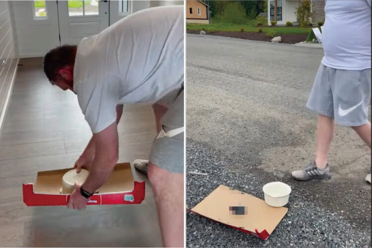 「Caught a mouse！」と言われた旦那さん。ネズミが入っていると思われるボウルを外まで運びましたが・・、そこにいたのはなんと！【海外・動画】