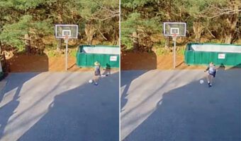 物置小屋のドアをゴールに見たててサッカーの練習をする女の子。遠めの位置から全力でシュートを放ったその直後・・！！【海外・動画】