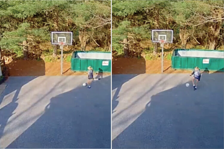 物置小屋のドアをゴールに見たててサッカーの練習をする女の子。遠めの位置から全力でシュートを放ったその直後・・！！【海外・動画】