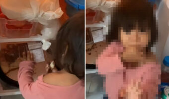 「何もしてないよ!!」冷蔵庫のケーキを盗み食いしていた女の子。後ろから突然声をかけられたら見せたそのリアクションは??【海外・動画】