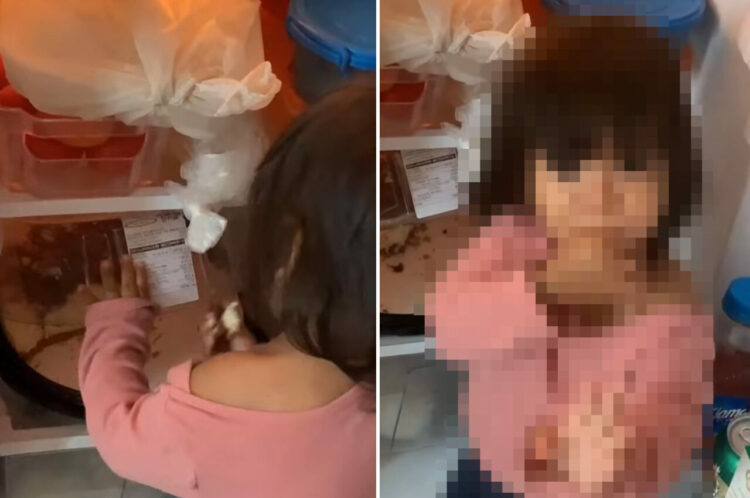 「何もしてないよ！！」冷蔵庫のケーキを盗み食いしていた女の子。後ろから突然声をかけられたら見せたそのリアクションは？？【海外・動画】