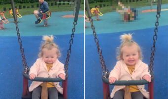 ママは見た！楽しくブランコに揺られる赤ちゃんの後ろで・・・、パパの身に起きた笑っちゃうハプニングを！！【海外・動画】