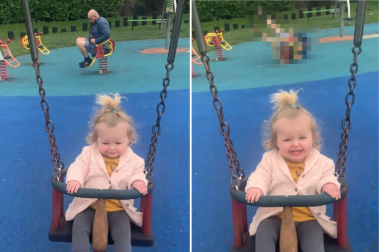 ママは見た！楽しくブランコに揺られる赤ちゃんの後ろで・・・、パパの身に起きた笑っちゃうハプニングを！！【海外・動画】