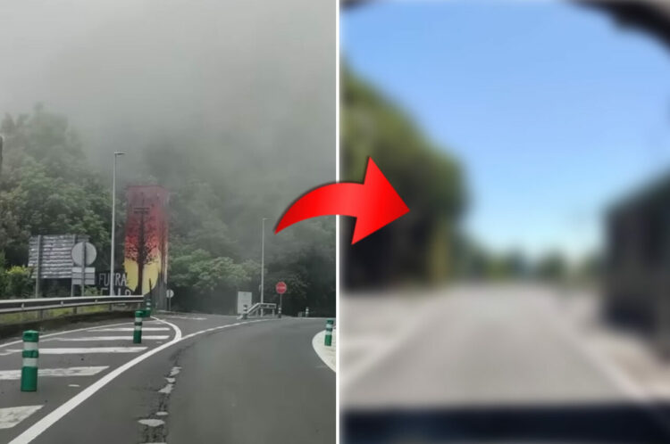 トンネルを抜けるとそこは・・。霧で霞んだ道を進む車。ところが、トンネルを通過すると、そこには別世界が広がっていました！！【海外・動画】
