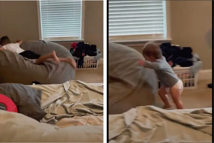 クッションへのダイブを華麗に決めた男の子。その姿に触発された赤ちゃんが真似っ子でダイブに挑戦しますが、果たして・・【海外・動画】