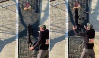 男性の頭の高さよりもよほど高い位置に吊るされた輪っか。合図されると、その高さまで小柄な犬がジャンプしてみせました!【海外・動画】!