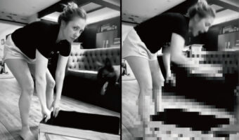 これは痛そう!カメラに目を向けつつ木箱を持ち上げようとした女性。箱を浮かしたその瞬間愛犬がやって来て・・・!!【海外・動画】