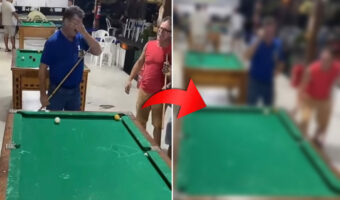 ビリヤードをする男性たち。片方のペアが弾いたボールがポケットの目前で停止!勝敗は決したように思われましたが、まさかの結末に!【海外・動画】