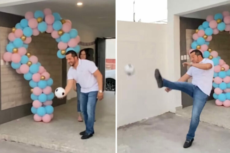 赤ちゃんの性別をサプライズ発表するはずが・・。中に赤ちゃんの性別が分かるようにしてあるボールを蹴って割ろうとしたら、まさかのオチが！！