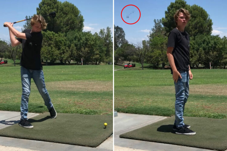 ゴルフクラブを構えていざショット！ところが男の子はグローブをしていなかったせいか、当人も困惑する結末を迎えました！【アメリカ・動画】