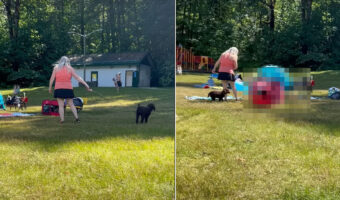 水辺で愛犬の散歩をしている女性。この後、このふたりが一緒になってビックリする事態が起こるのです!!【アメリカ・動画】