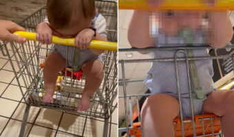 ショッピングカートの持ち手部分に額をくっつける赤ちゃん。おネムになっちゃったのかな?と下から覗き込むと・・あらビックリ!!【海外・動画】