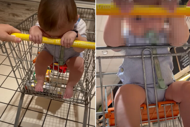 ショッピングカートの持ち手部分に額をくっつける赤ちゃん。おネムになっちゃったのかな？と下から覗き込むと・・あらビックリ！！【海外・動画】