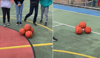 なんだか生きているみたい！！二段に積まれた4つのバスケットボールがどんどん移動し始めましたよ？！？！？！【海外・動画】