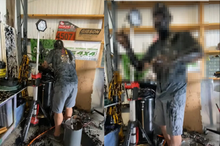 いったいそこで何が起きたのか。オイルが床や壁のあちこちに飛び散っている！その中心にいる男性が振り向くと・・【アメリカ・動画】