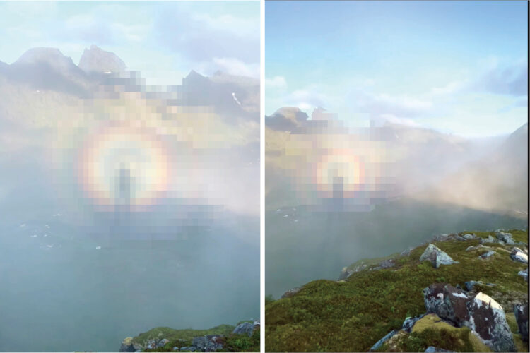 巨人になった気分？！山頂から周囲を見回してみると、大きな自分の影が！しかも、影を虹のような光が囲っていて・・なんだか神々しい！！