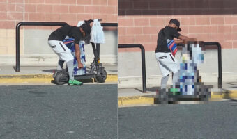 なせばなる!ペットボトルの水を大量購入した男性。電動キックボードの上にバランスを取れるように積み・・、出発できました!【アメリカ・動画】