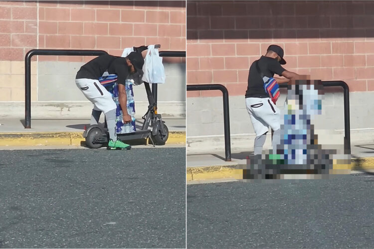 なせばなる！ペットボトルの水を大量購入した男性。電動キックボードの上にバランスを取れるように積み・・、出発できました！【アメリカ・動画】