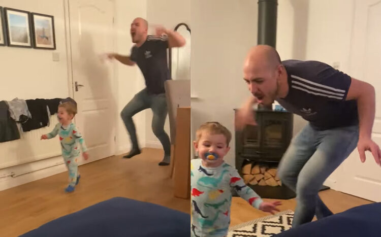 子供たちの寝る前のルーティーンに付き合うパパ。パパは翼竜になってリビングを駆け回る子供たちを追いかけます！！【海外・動画】