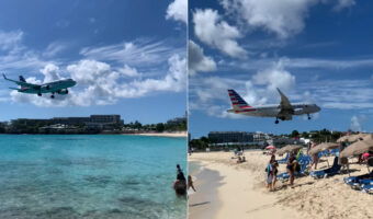 飛行機がビーチにぶつかりそうな距離で着陸することで知られるセント・マーチン島にあるプリンセス・ジュリアナ国際空港。その光景は圧巻です！！