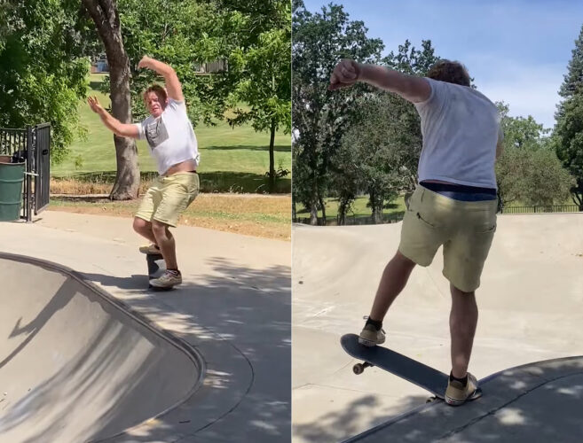 トリックをキメたスケートボーダー。勢い余って「おっとっと」とばかりにふらつきながら移動していますが・・、もしかして演技？【アメリカ・動画】