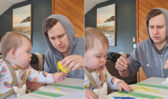 フィンガーペイントに挑戦した赤ちゃん。無害な絵の具を使っていましたが、パパは赤ちゃんの『ある行動』に翻弄されることに・・【海外・動画】