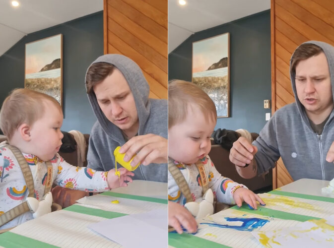 フィンガーペイントに挑戦した赤ちゃん。無害な絵の具を使っていましたが、パパは赤ちゃんの『ある行動』に翻弄されることに・・【海外・動画】