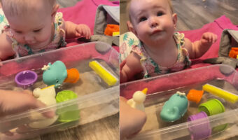 ママと水遊びをしていた赤ちゃんがビックリして固まっちゃった!ママが手にしたペリカンのオモチャがなんと・・!!
