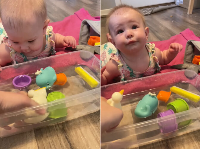 ママと水遊びをしていた赤ちゃんがビックリして固まっちゃった！ママが手にしたペリカンのオモチャがなんと・・！！