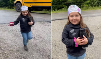初登校から帰ってきた女の子がスクールバスから下りてくると・・、あれ?何かが足りないぞ!?【海外・動画】