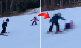 危機一髪!!スキー中、進行方向にあらわれた男の子の姿に焦る女の子。しかしこの子は咄嗟の判断で見事衝突を回避しました!!【アメリカ・動画】