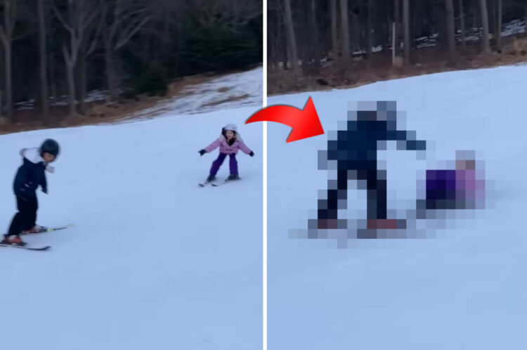 危機一髪！！スキー中、進行方向にあらわれた男の子の姿に焦る女の子。しかしこの子は咄嗟の判断で見事衝突を回避しました！！【アメリカ・動画】