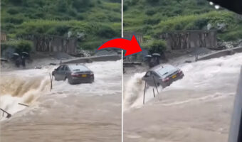 パキスタンの水害の影響で冠水した道路を通行中の車が飲み込まれる衝撃映像!