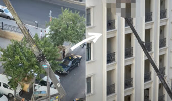 クレーンを使ったソファの搬入作業?見るからに危険で恐ろしい映像