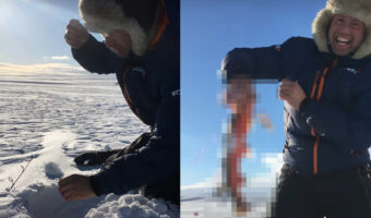 氷に穴を開けアイスフィッシングをしていたら・・、ワカサギのような小さな魚が釣れるのかと思いきや、意外な大物が釣れました！！【海外・動画】