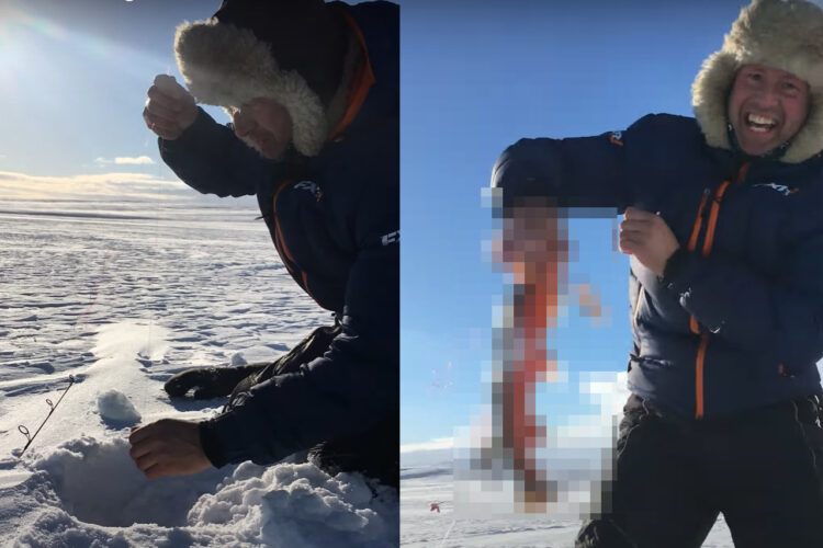 氷に穴を開けアイスフィッシングをしていたら・・、ワカサギのような小さな魚が釣れるのかと思いきや、意外な大物が釣れました！！【海外・動画】
