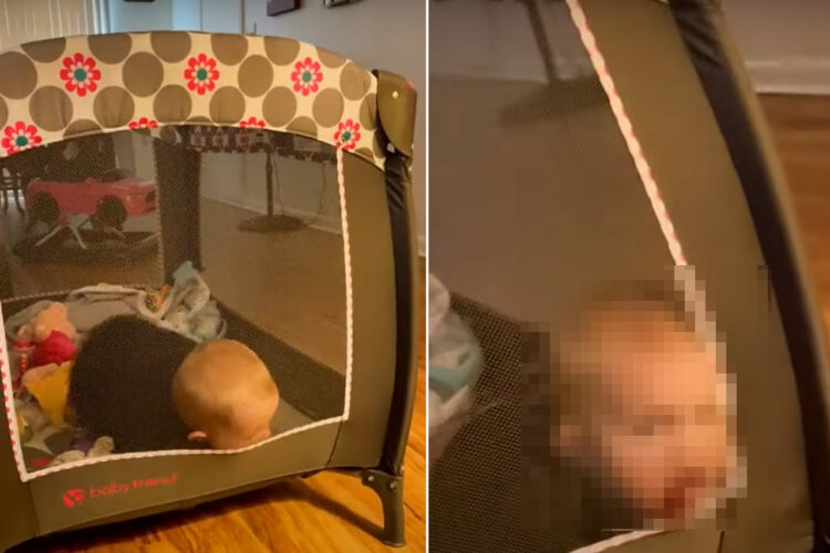 ベビーサークルの中にいる赤ちゃん。なんとかメッシュネットを通り抜けようとしますが、その脱出劇は失敗に終わったようです【海外・動画】