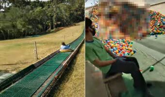 巨大すべり台を滑っていく女性。その勢いはもちろん、ゴールに置いてあったクッション用ボールのおかげで大迫力のフィニッシュ!!【海外・動画】