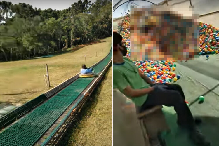 巨大すべり台を滑っていく女性。その勢いはもちろん、ゴールに置いてあったクッション用ボールのおかげで大迫力のフィニッシュ！！【海外・動画】