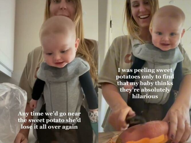 なぜかサツマイモに反応して笑う赤ちゃんが可愛すぎる！ お母さんもつられて笑ってしまう親子の楽しげなひととき