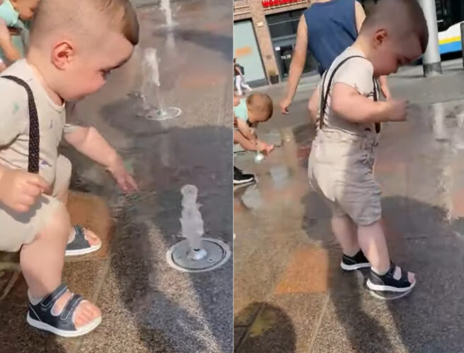 水遊びをする男の子。噴水を踏んづけたり抑えたりしていましたが・・、次の瞬間ビックリする展開に！！【海外・動画】