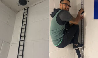 もしかして小人用？！駐車場の片隅には、大人の男性だと片足の幅もない天井まで続く細いはしごがありました！！【海外・動画】