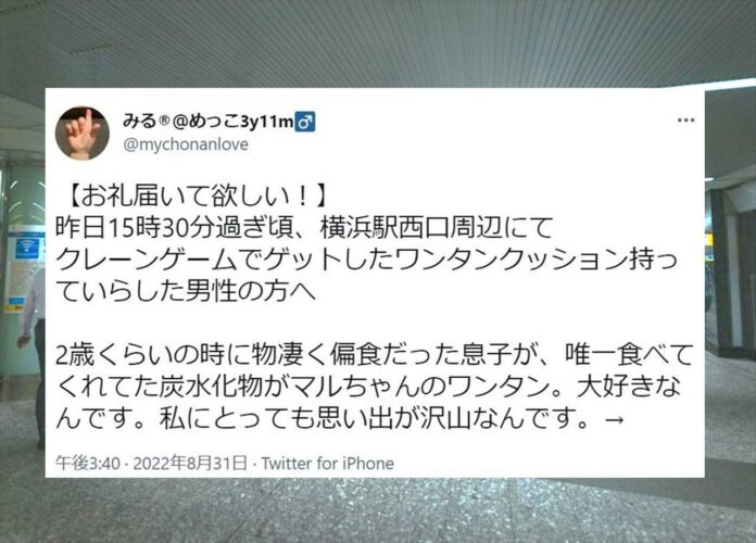 【Twitterで起きた奇跡】クレーンゲームでゲットしたワンタンクッションを息子のために譲ってくれた優しい男性にお礼が言いたくてツイートしたら、奇跡が起きた！（9月3日追加情報アリ）