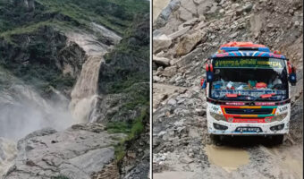 大雨の後、濁流となったネパールの山中にある滝。その脇をバスが走っていくのですが・・、スケール感がとんでもないことになっています!!