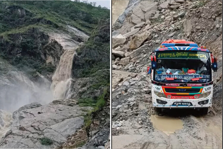 大雨の後、濁流となったネパールの山中にある滝。その脇をバスが走っていくのですが・・、スケール感がとんでもないことになっています！！